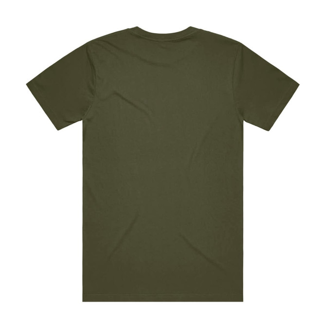 A plain olive green T-shirt with a simple design and no visible branding or logos on the back.