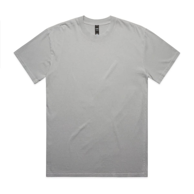 A light grey T-shirt with a round neck and short sleeves, featuring a label on the collar.