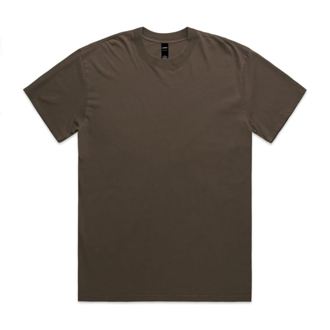 A heavy faded tee in earthy brown colour with a round neckline and short sleeves, featuring a logo.