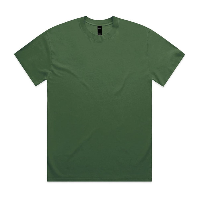 A heavy faded green t-shirt with short sleeves and a crew neck, featuring a logo.