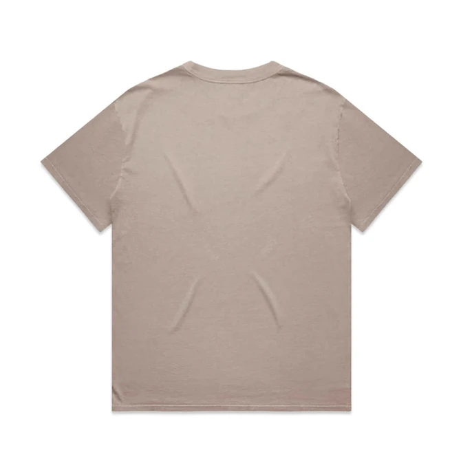 A light beige T-shirt with a relaxed fit, featuring a simple design and a subtle logo.