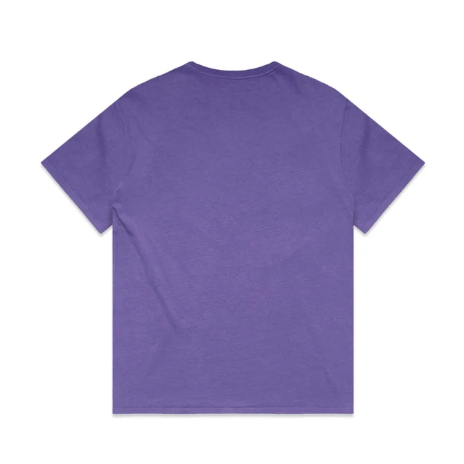 A purple t-shirt with a relaxed fit and short sleeves, featuring a logo. The back view is visible.