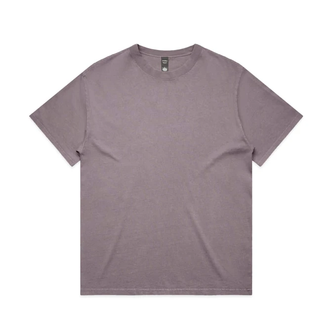 A heavy faded tee in a muted purple colour, featuring a simple crew neck and short sleeves. It has a logo tag.