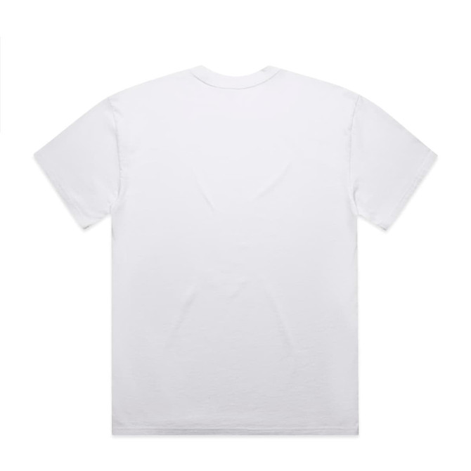 A white tee shirt with a relaxed fit and a logo on the back.