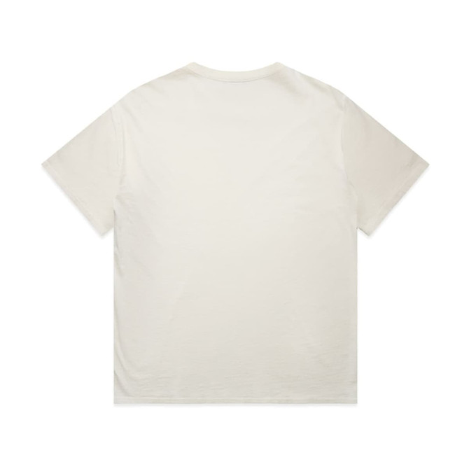 A faded cream T-shirt with short sleeves and a plain back. It features a logo on the label.