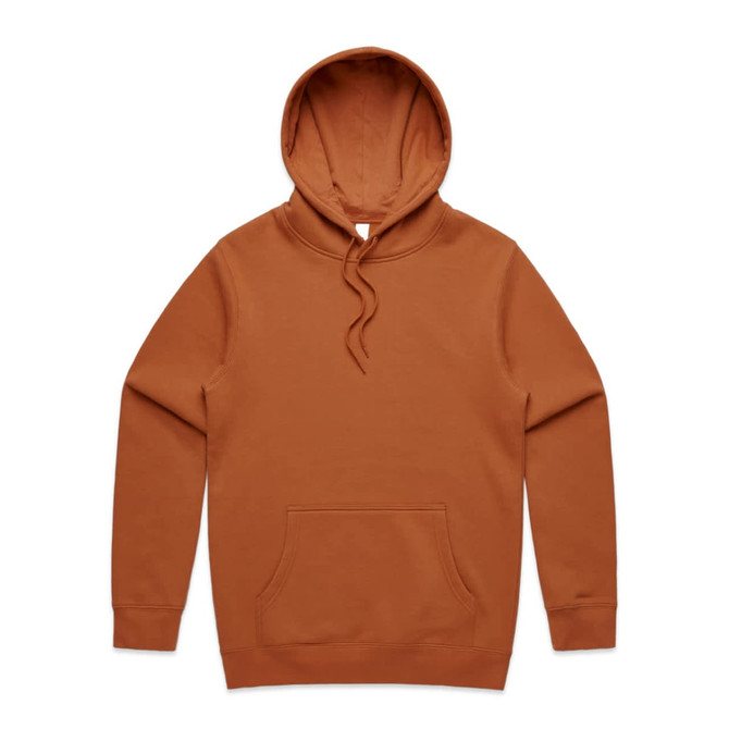 A brown hoodie with a front pocket and a drawstring hood. It has a logo on one side.