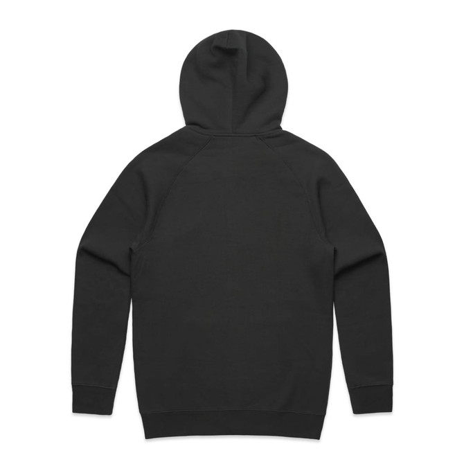 A black hoodie with a hood, featuring a simple design and a logo on the back.