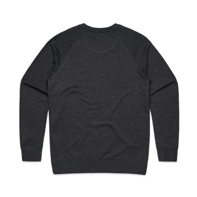 A dark grey sweater with raglan sleeves and a plain back, featuring a branding logo on the neck.