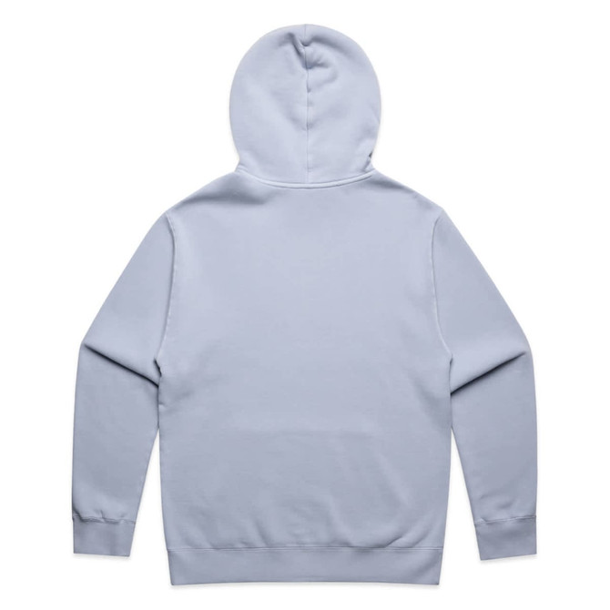 A light blue hoodie with a back view, featuring a hood and long sleeves. It has a brand logo.
