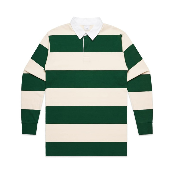 A rugby stripe polo shirt featuring green and cream horizontal stripes with a white collar. It has a logo on the chest.