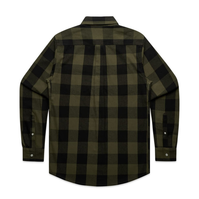 A long-sleeve, button-up shirt featuring a black and olive green check pattern, with a back yoke and two button cuffs.