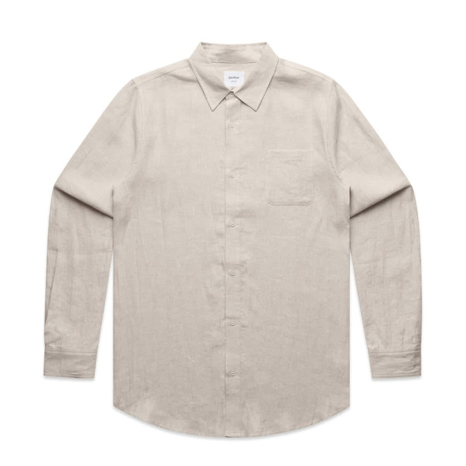 A light beige linen button-up shirt with long sleeves and a single chest pocket.