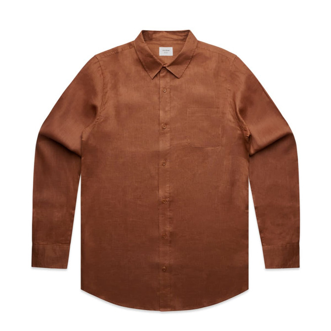 A brown linen button-up shirt with long sleeves and a single chest pocket, featuring a collar and buttons down the front.