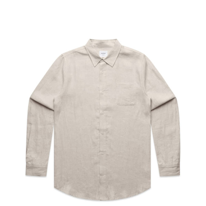 A linen button-up shirt in a light beige colour with long sleeves and a single chest pocket.