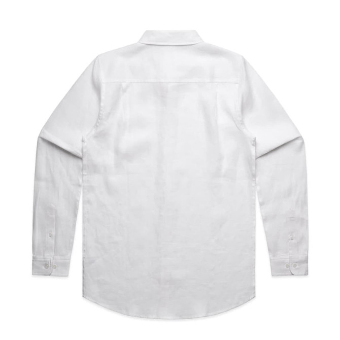 A white linen button-up shirt with long sleeves and a collar, featuring a simple design on the back.