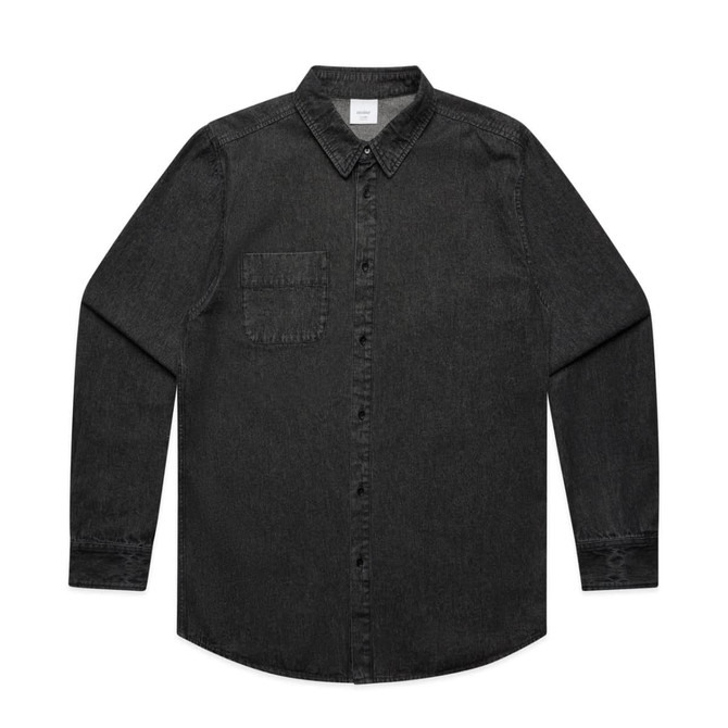 A black stone wash button-up shirt featuring a single chest pocket and a branded tag.