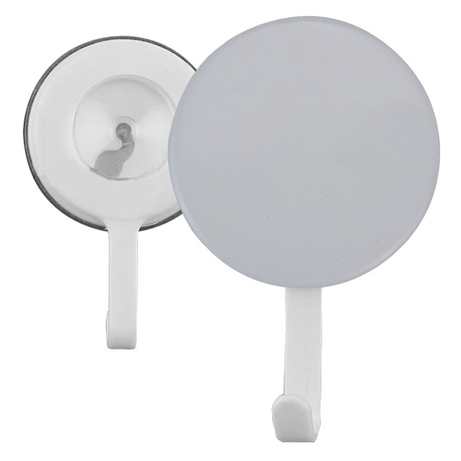 A round button badge in white, featuring a hook for attachment and a logo on the front.