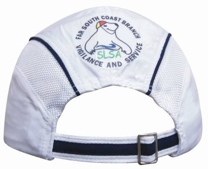 A white cap featuring mesh side panels and a peak, with a logo on the back.