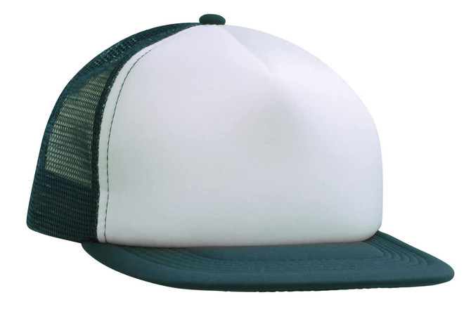 A flat peak trucker mesh cap featuring a white front panel and green mesh sides and peak. It includes a logo.