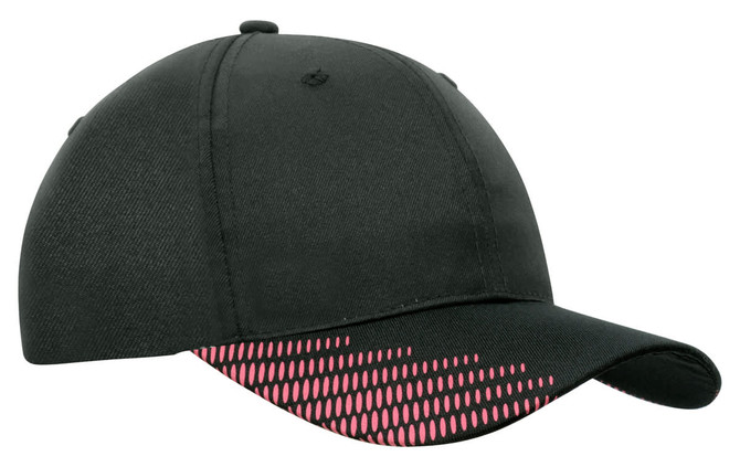 A black cap featuring a peak with pink flash print and a logo on the side.