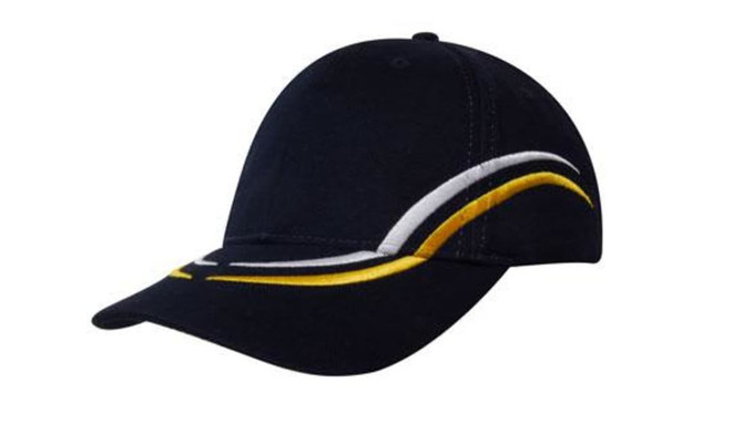 A navy cap with curved white and yellow embroidery on the crown and peak, featuring a logo on the side.