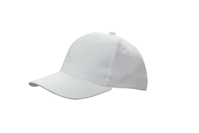 A white cap made from brushed cotton featuring a logo. It has a classic cap design with a curved brim.