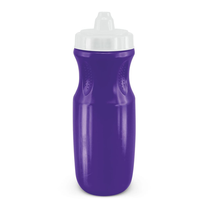 A drink bottle in a vibrant purple colour with a white lid and a textured grip for easy handling. It features a logo.