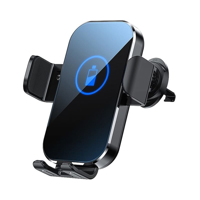 A black and silver wireless car charger with a sleek design and adjustable phone holder. It features a logo on the body.