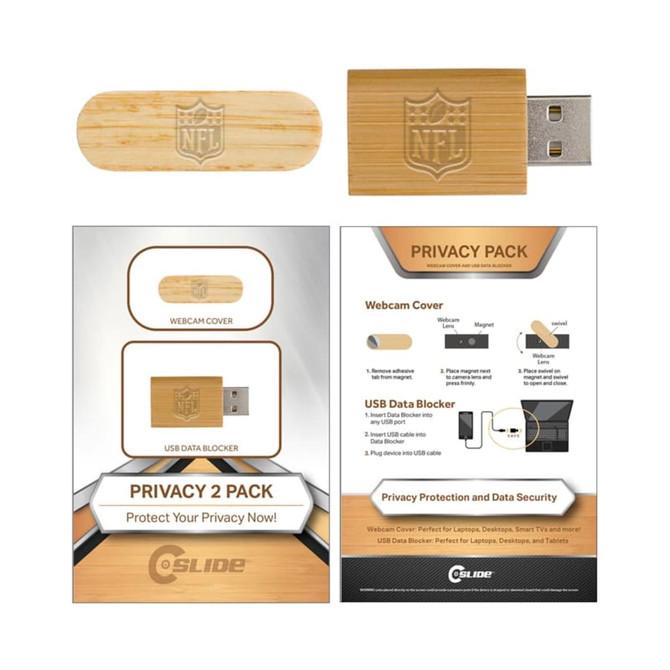 A bamboo webcam cover and USB data blocker in a privacy pack, featuring a logo.