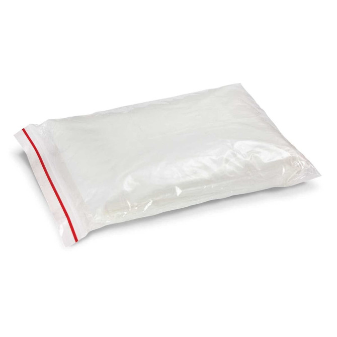 A sealed bag containing an emergency raincoat. The bag is transparent with a red stripe along the top.