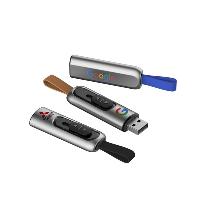Three silver flash drives with coloured pull tabs in blue and brown, featuring branding on the sides.