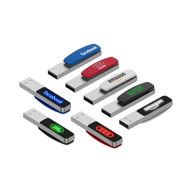 A collection of LED flash drives in various colours, including red, white, blue, and black, featuring multiple logos.