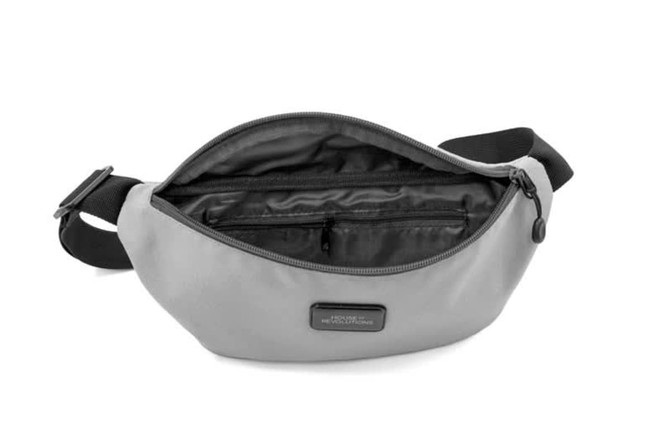A grey waist bag with a black interior and zipper pocket, featuring a branding logo on the front.