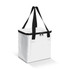 A white cooler bag with black straps and a zipper closure. It has a branding logo on one side.