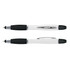 A white and black multi-function pen with a sleek design and ergonomic grip, featuring a logo on its body.