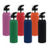 A drink bottle set featuring six bottles in purple, green, red, orange, blue, and black, each with a silver lid and a logo.