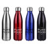 A drink bottle collection featuring silver, red, blue, and black metal bottles, each with a logo.