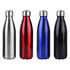 A drink bottle collection featuring silver, red, blue, and black metal bottles with stainless steel caps and a logo.