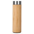 A drink bottle with a bamboo exterior and a stainless steel top, featuring a sleek, modern design.