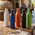 A drink bottle collection featuring white, blue, orange, black, and green colours, with metal lids and a logo.