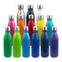 A variety of shiny aluminium drink bottles in multiple colours, featuring silver caps and a logo on each.