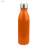 A drink bottle featuring a shiny orange finish with a metal screw cap and a branding logo.