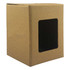 A brown cardboard gift box with a transparent window on one side. It has a simple design and a logo on it.