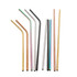 A selection of stainless steel drinking straws in various colours, including gold, copper, silver, black, and green.