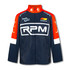 A custom men's premium softshell jacket in navy blue with red and white details, featuring a logo on the front.