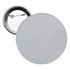 A round 75mm button badge in silver with a glossy surface and a metal pin backing.