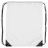 A white nylon drawstring backsack with black corners and matching drawstrings. It features a logo.