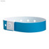 A deep blue vinyl wristband with a white fastening and several holes for adjustability. It features a logo.