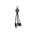 A round-shaped light-up charging cable in black with multiple connectors, featuring a logo.