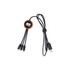 A round, light-up charging cable in black with multiple connectors, featuring a logo on the round section.